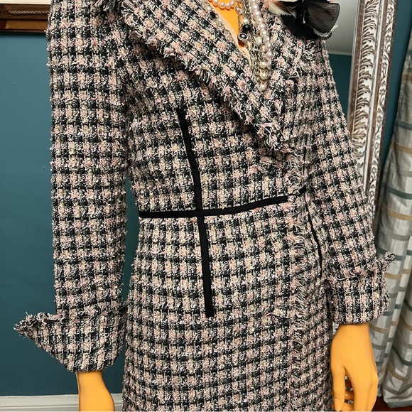 ANTHRO / TRUE MEANING Plaid Fringed Tweed Coat - Picture 5 of 16